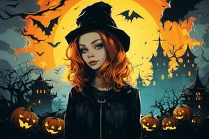 an illustration of a girl in a witch hat standing in front of a halloween scene generative ai photo