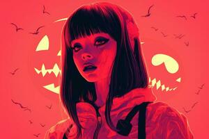 an illustration of a girl with black hair and a red background generative ai photo