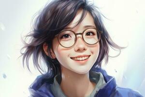 an illustration of a girl wearing glasses and a blue jacket generative ai photo