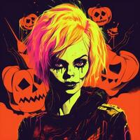 an illustration of a girl with orange hair and a pumpkin on her head generative ai photo