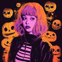 an illustration of a girl with purple hair and orange hair surrounded by pumpkins generative ai photo