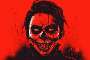 an illustration of a man with a skull face on a red background generative ai photo