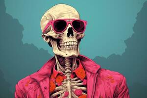 an illustration of a skeleton wearing sunglasses and a pink jacket generative ai photo