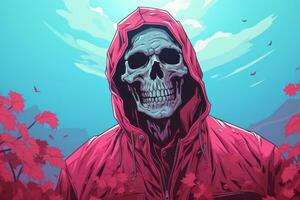 an illustration of a skeleton wearing a red hoodie generative ai photo