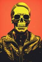 an illustration of a skull wearing a leather jacket on an orange background generative ai photo