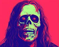 an illustration of a skull with long hair and red eyes generative ai photo
