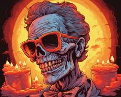 an illustration of a skeleton wearing sunglasses and holding candles generative ai photo
