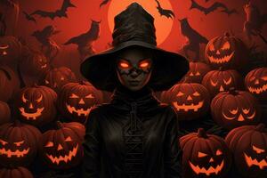 an illustration of a witch surrounded by pumpkins generative ai photo
