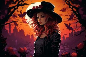 an illustration of a woman in a witch hat standing in front of a full moon generative ai photo