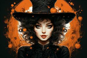an illustration of a woman in a witch hat with pumpkins on her face generative ai photo