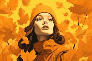 an illustration of a woman in an orange hat surrounded by autumn leaves generative ai photo