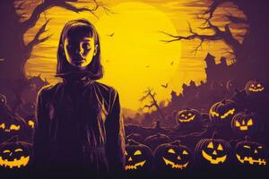 an illustration of a woman standing in front of a halloween scene generative ai photo