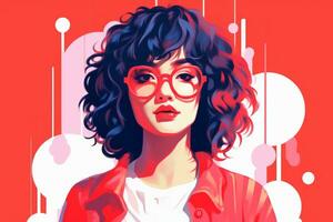 un ilustración de un mujer vistiendo lentes y un rojo chaqueta generativo ai foto