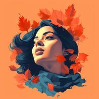 an illustration of a woman with autumn leaves in her hair generative ai photo
