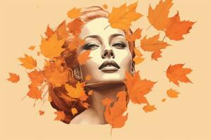 an illustration of a woman with autumn leaves in her hair generative ai photo