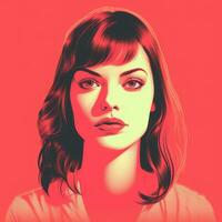 an illustration of a woman with bangs and a red background generative ai photo