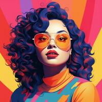 un ilustración de un mujer con brillante pelo y Gafas de sol generativo ai foto