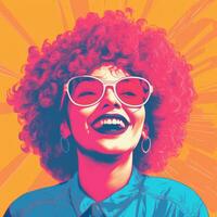 un ilustración de un mujer con brillante pelo y Gafas de sol generativo ai foto