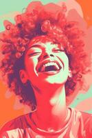 an illustration of a woman with curly hair laughing generative ai photo