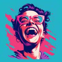 un ilustración de un mujer con lentes y un grande sonrisa en su cara generativo ai foto