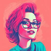 un ilustración de un mujer con lentes y rosado pelo generativo ai foto