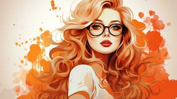 un ilustración de un mujer con lentes en un naranja antecedentes generativo ai foto