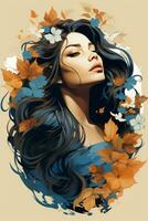 an illustration of a woman with long hair and autumn leaves generative ai photo