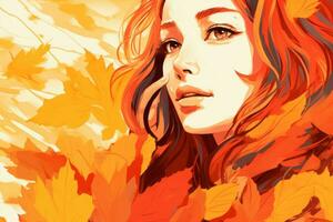 an illustration of a woman with long hair and leaves generative ai photo