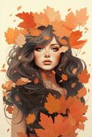 an illustration of a woman with long hair surrounded by autumn leaves generative ai photo