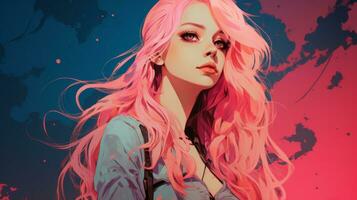 an illustration of a woman with pink hair generative ai photo