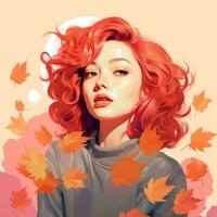 an illustration of a woman with red hair and autumn leaves generative ai photo