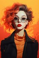 un ilustración de un mujer con rojo pelo y lentes generativo ai foto