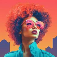 un ilustración de un mujer con rojo pelo y Gafas de sol generativo ai foto