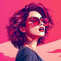 un ilustración de un mujer con rojo pelo y Gafas de sol generativo ai foto