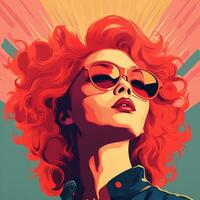un ilustración de un mujer con rojo pelo y Gafas de sol generativo ai foto