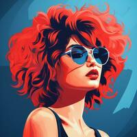 un ilustración de un mujer con rojo pelo y Gafas de sol generativo ai foto