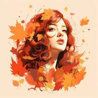an illustration of a woman with red hair surrounded by autumn leaves generative ai photo