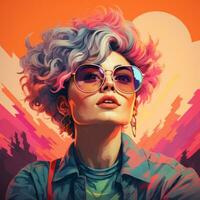 an illustration of a woman with sunglasses and a colorful hair generative ai photo