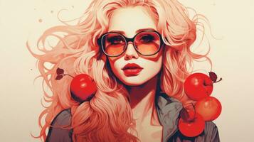 un ilustración de un mujer con Gafas de sol y rojo manzanas generativo ai foto