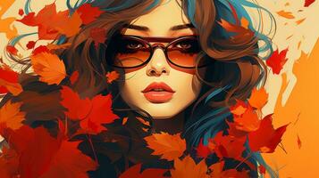 an illustration of a woman with sunglasses and autumn leaves generative ai photo