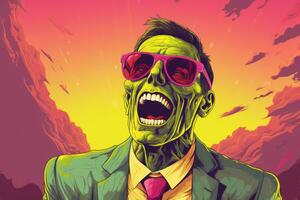 un ilustración de un zombi vistiendo Gafas de sol y un traje generativo ai foto
