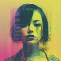 an image of a girl with a computer screen in front of her generative ai photo
