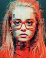 an image of a girl with glasses and a city skyline in the background generative ai photo