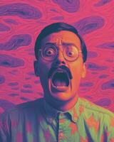 an image of a man with a mustache and glasses on a purple background generative ai photo