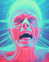 an image of a man with his mouth open in front of a blue and pink background generative ai photo