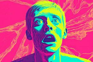 an image of a man with his mouth open in front of a colorful background generative ai photo
