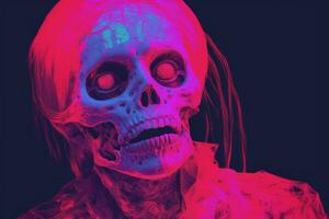 an image of a skull with pink and blue lights generative ai photo