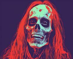 an image of a skull with long hair and red eyes generative ai photo