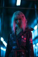 an image of a woman in a dark room with neon lights generative ai photo