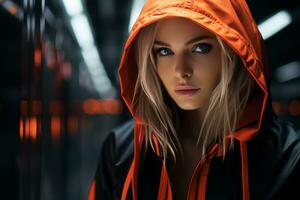 an image of a woman in an orange hoodie generative ai photo